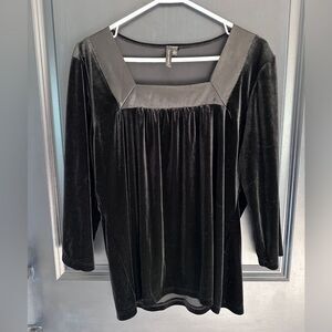 Vintage black velvet square neck top blouse 3/4 sleeve flowy XL